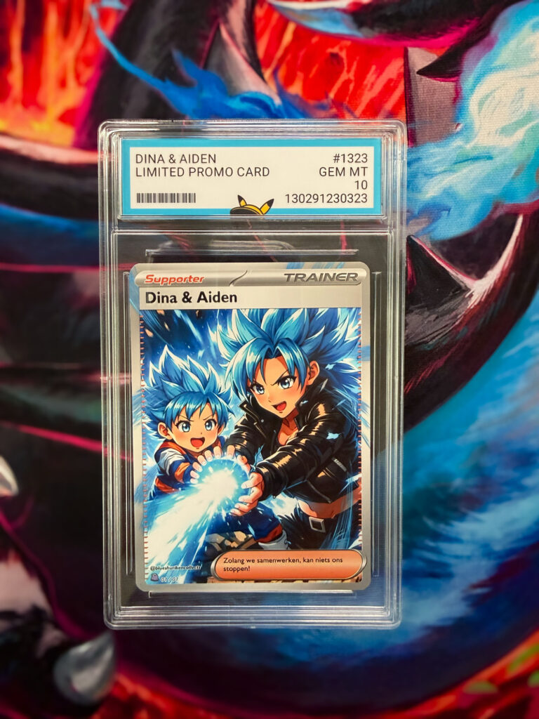 Een fanmade Pokémon-kaart met de naam Dina en Aiden, ingekast in een custom slab met een eigen label.